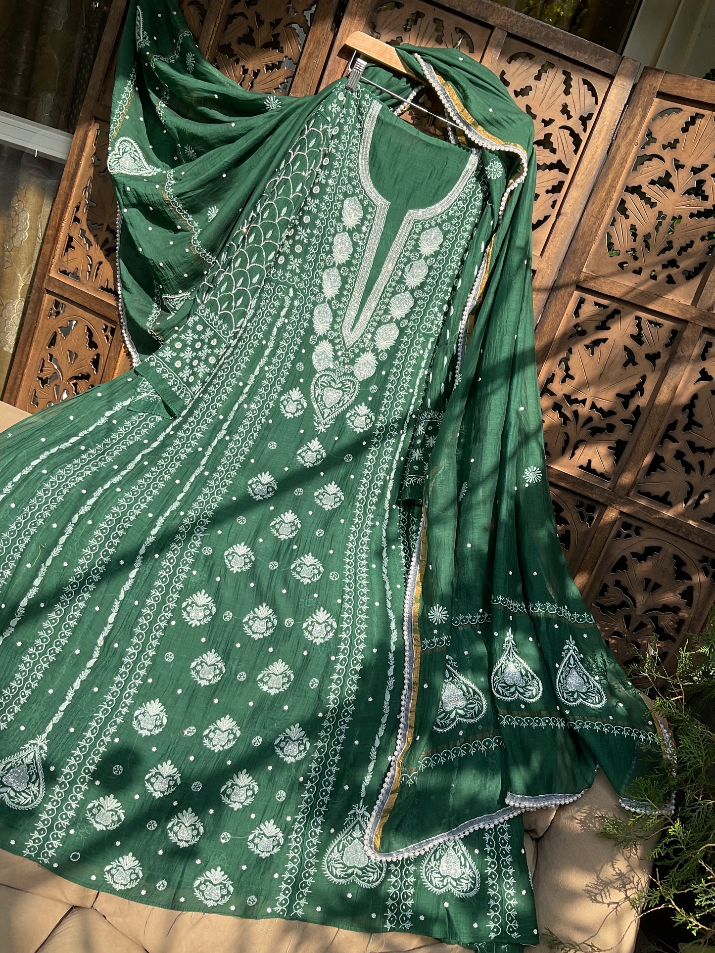 Mulmul Anarkali Suit Set with Heavy Embbroidered Yoke & Intricate Kali Work with Statement Sleeves (Set of 3) (Stitched)