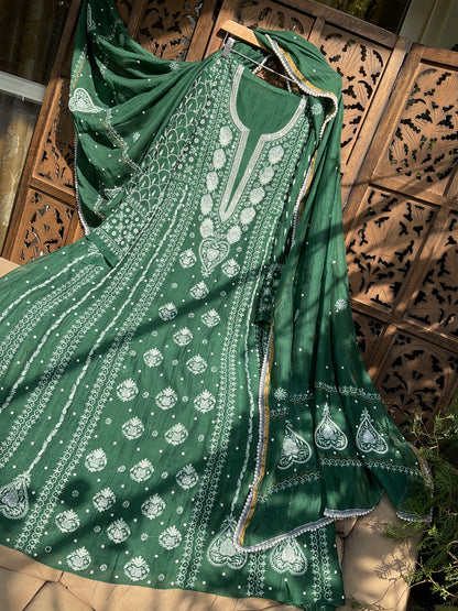 Mulmul Anarkali Suit Set with Heavy Embbroidered Yoke & Intricate Kali Work with Statement Sleeves (Set of 3) (Stitched)