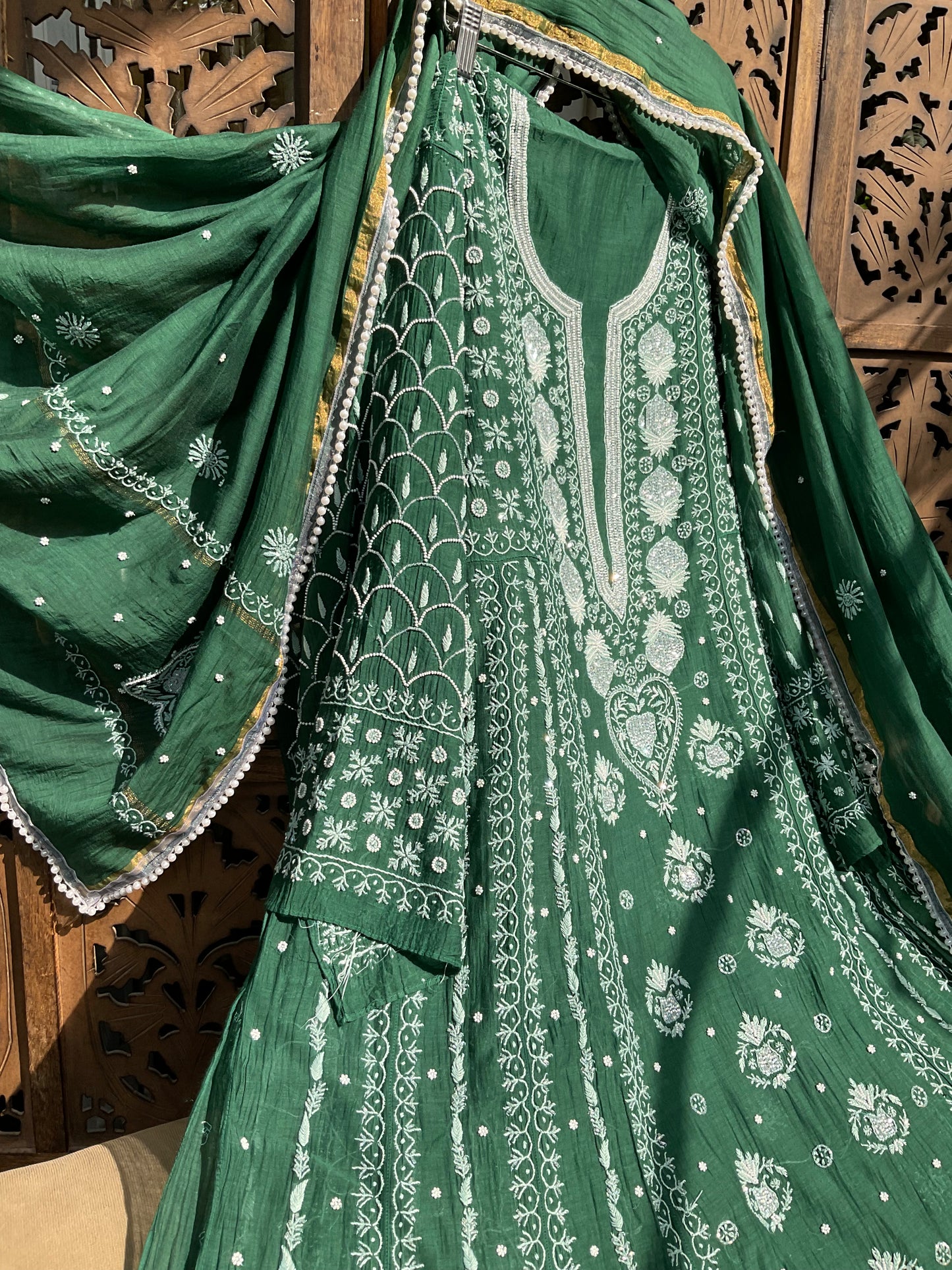 Mulmul Anarkali Suit Set with Heavy Embbroidered Yoke & Intricate Kali Work with Statement Sleeves (Set of 3) (Stitched)