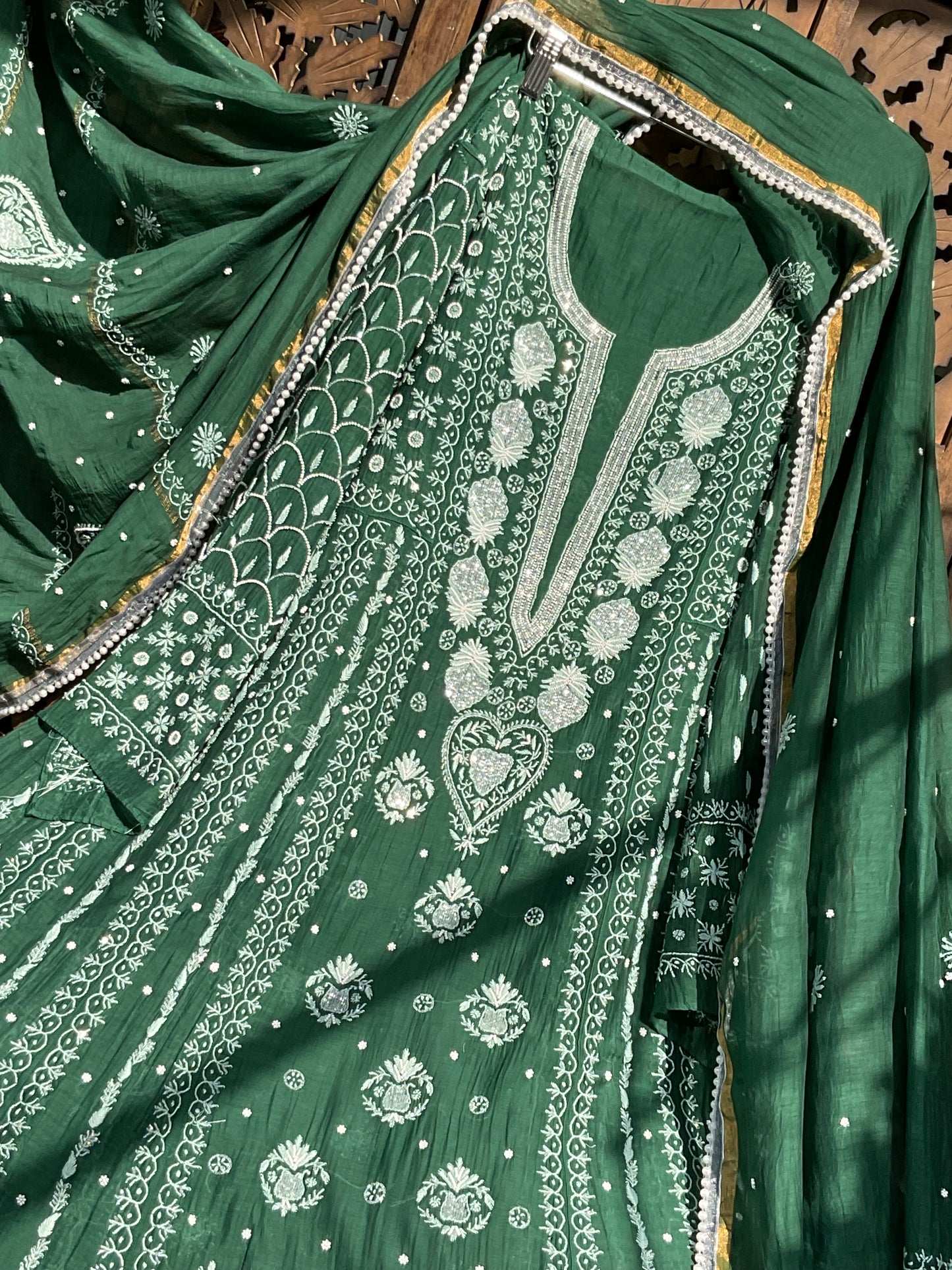 Mulmul Anarkali Suit Set with Heavy Embbroidered Yoke & Intricate Kali Work with Statement Sleeves (Set of 3) (Stitched)