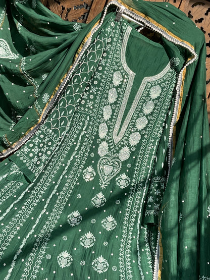 Mulmul Anarkali Suit Set with Heavy Embbroidered Yoke & Intricate Kali Work with Statement Sleeves (Set of 3) (Stitched)