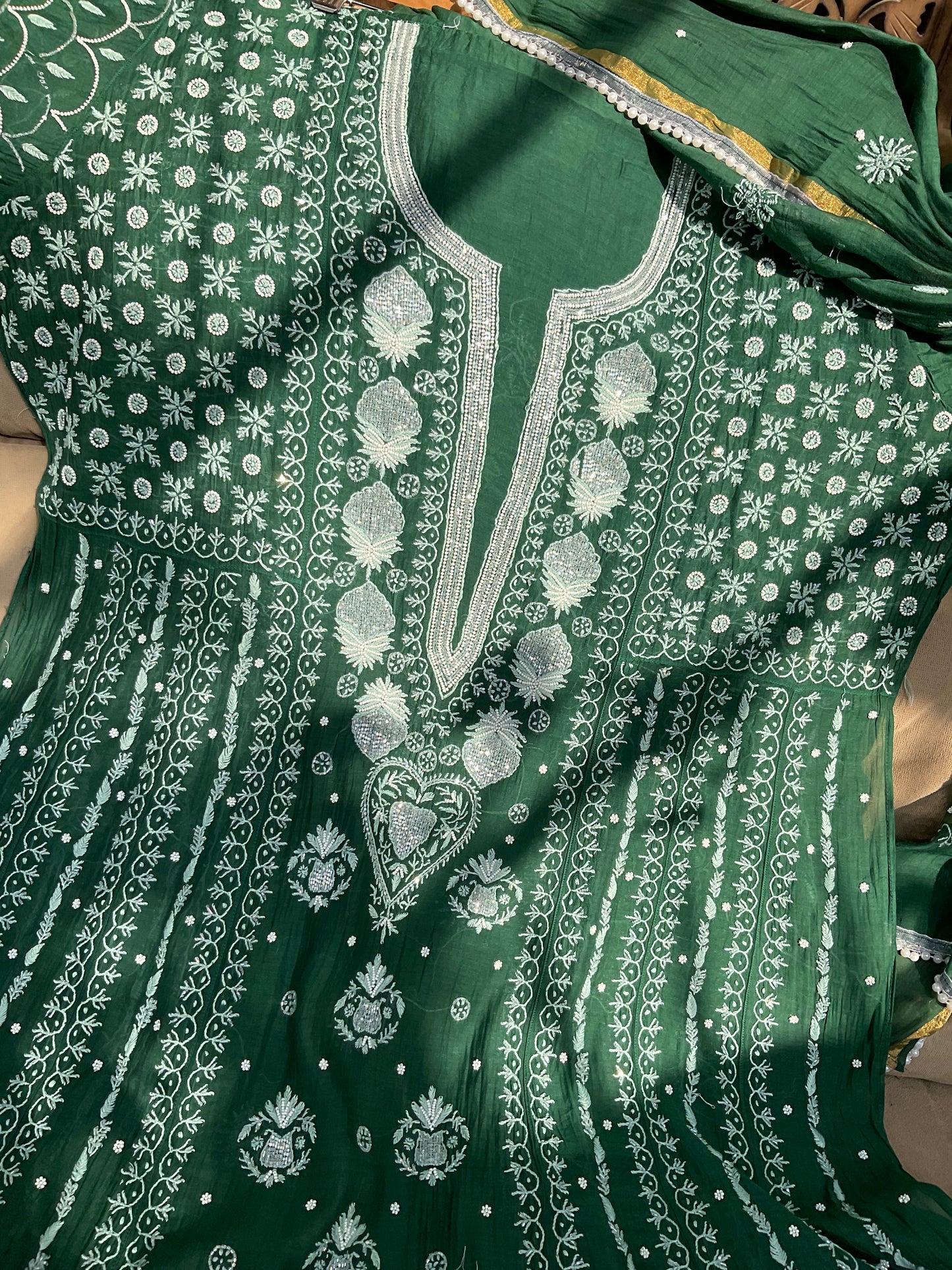 Mulmul Anarkali Suit Set with Heavy Embbroidered Yoke & Intricate Kali Work with Statement Sleeves (Set of 3) (Stitched)