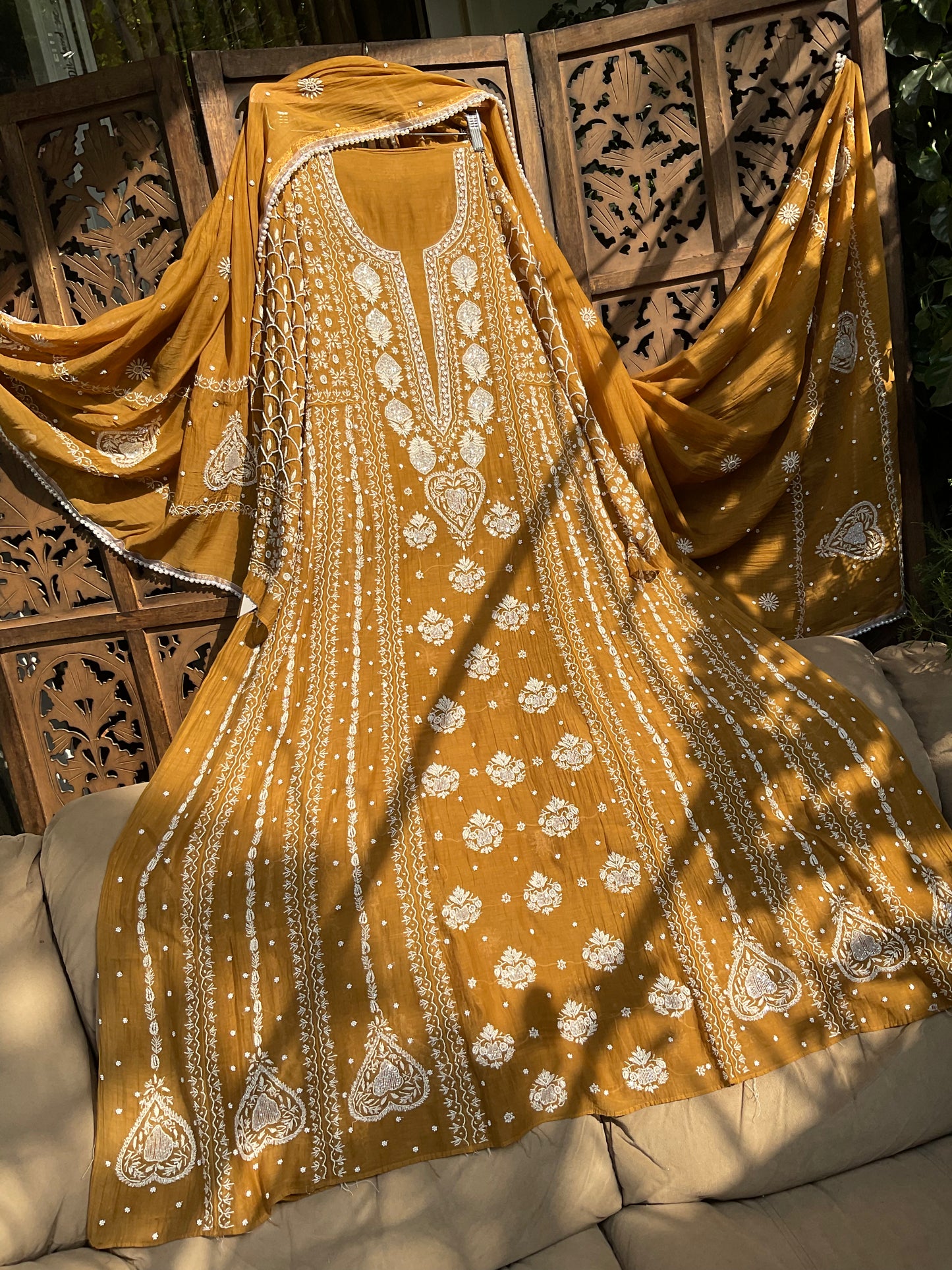 Mulmul Anarkali Suit Set with Heavy Embbroidered Yoke & Intricate Kali Work with Statement Sleeves (Set of 3) (Stitched)