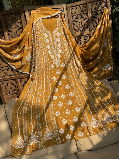 Mulmul Anarkali Suit Set with Heavy Embbroidered Yoke & Intricate Kali Work with Statement Sleeves (Set of 3) (Stitched)