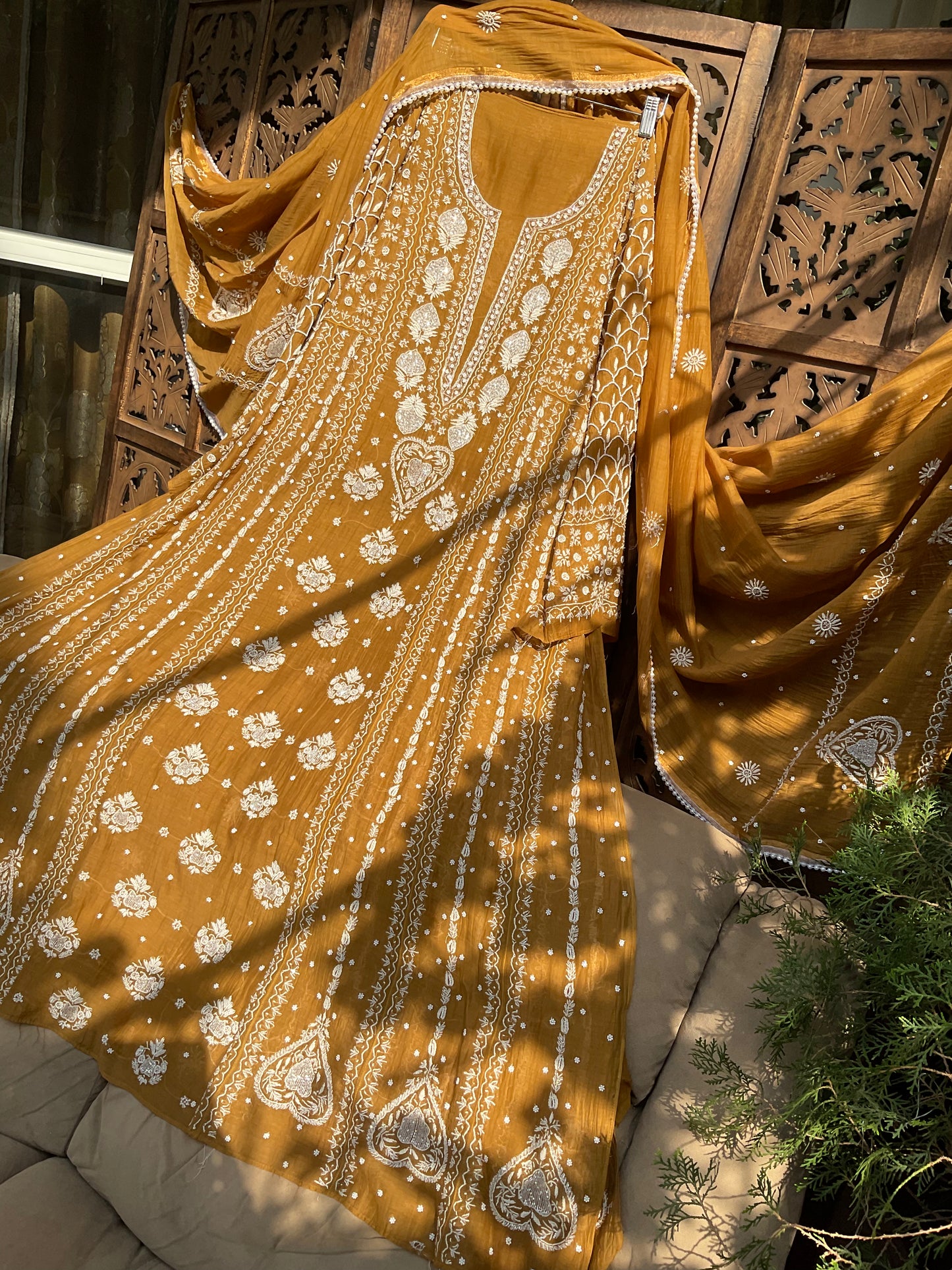 Mulmul Anarkali Suit Set with Heavy Embbroidered Yoke & Intricate Kali Work with Statement Sleeves (Set of 3) (Stitched)