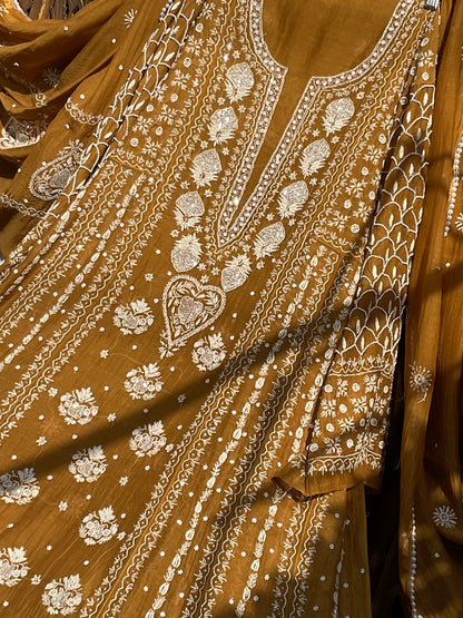 Mulmul Anarkali Suit Set with Heavy Embbroidered Yoke & Intricate Kali Work with Statement Sleeves (Set of 3) (Stitched)