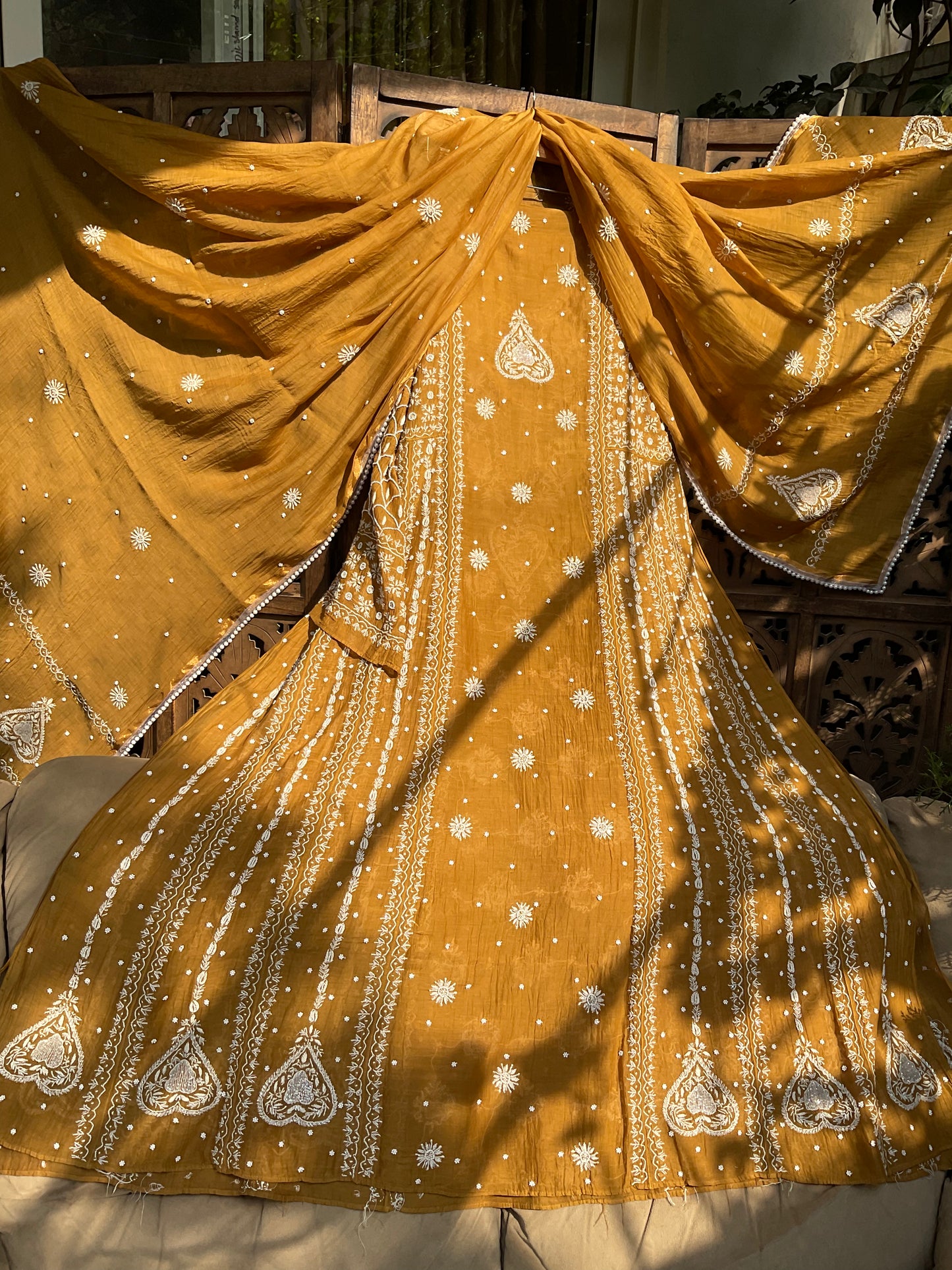 Mulmul Anarkali Suit Set with Heavy Embbroidered Yoke & Intricate Kali Work with Statement Sleeves (Set of 3) (Stitched)