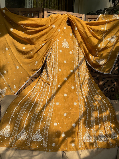 Mulmul Anarkali Suit Set with Heavy Embbroidered Yoke & Intricate Kali Work with Statement Sleeves (Set of 3) (Stitched)