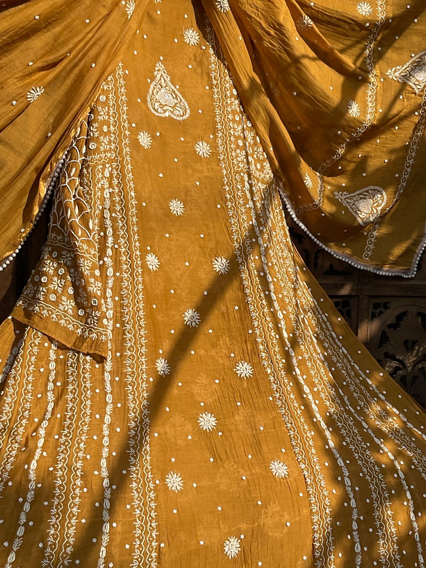 Mulmul Anarkali Suit Set with Heavy Embbroidered Yoke & Intricate Kali Work with Statement Sleeves (Set of 3) (Stitched)