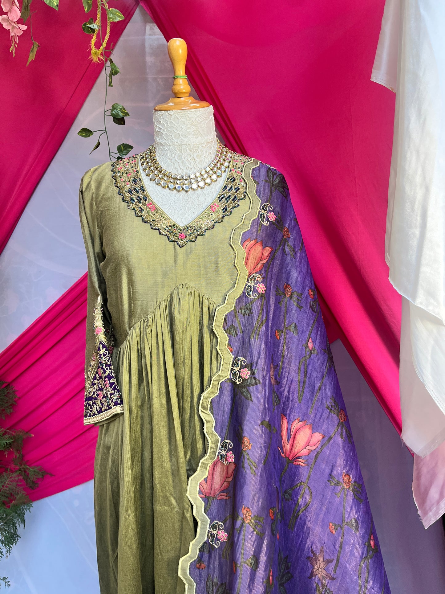 Olive Green Silk Gathered Anarkali With Zari Tissue Dupatta