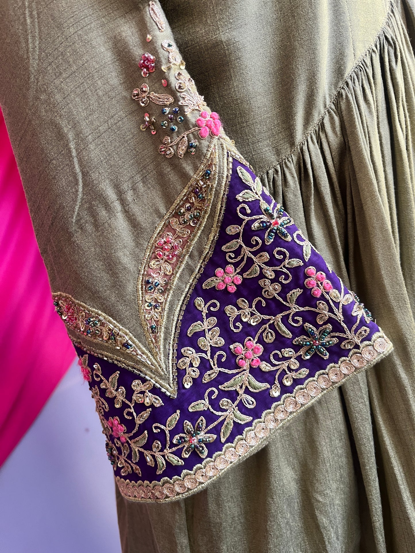 Olive Green Silk Gathered Anarkali With Zari Tissue Dupatta