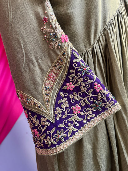 Olive Green Silk Gathered Anarkali With Zari Tissue Dupatta