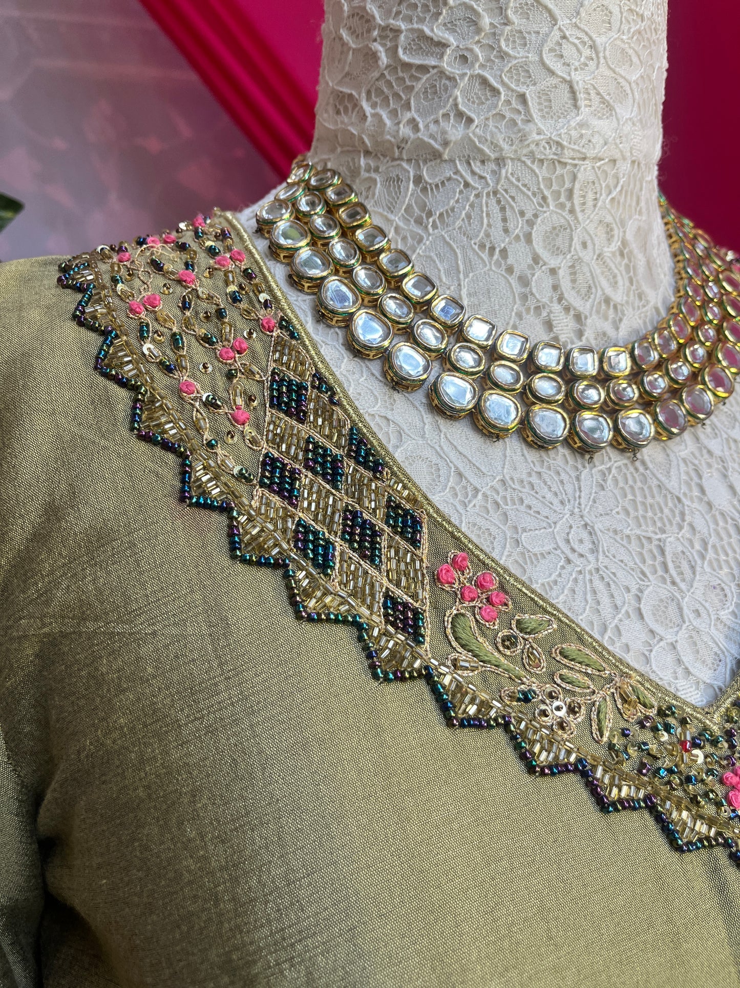 Olive Green Silk Gathered Anarkali With Zari Tissue Dupatta
