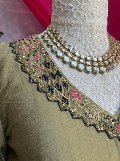 Olive Green Silk Gathered Anarkali With Zari Tissue Dupatta