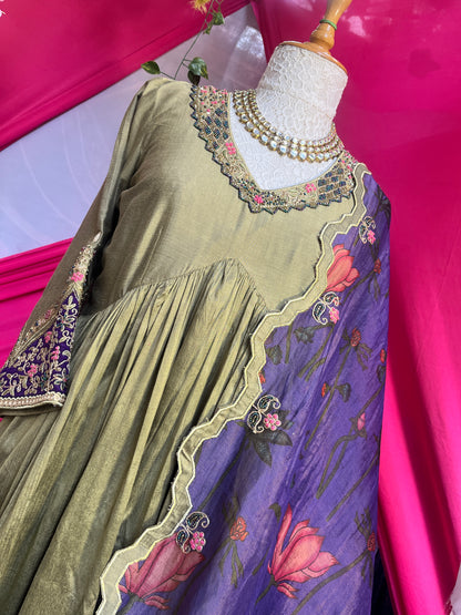 Olive Green Silk Gathered Anarkali With Zari Tissue Dupatta