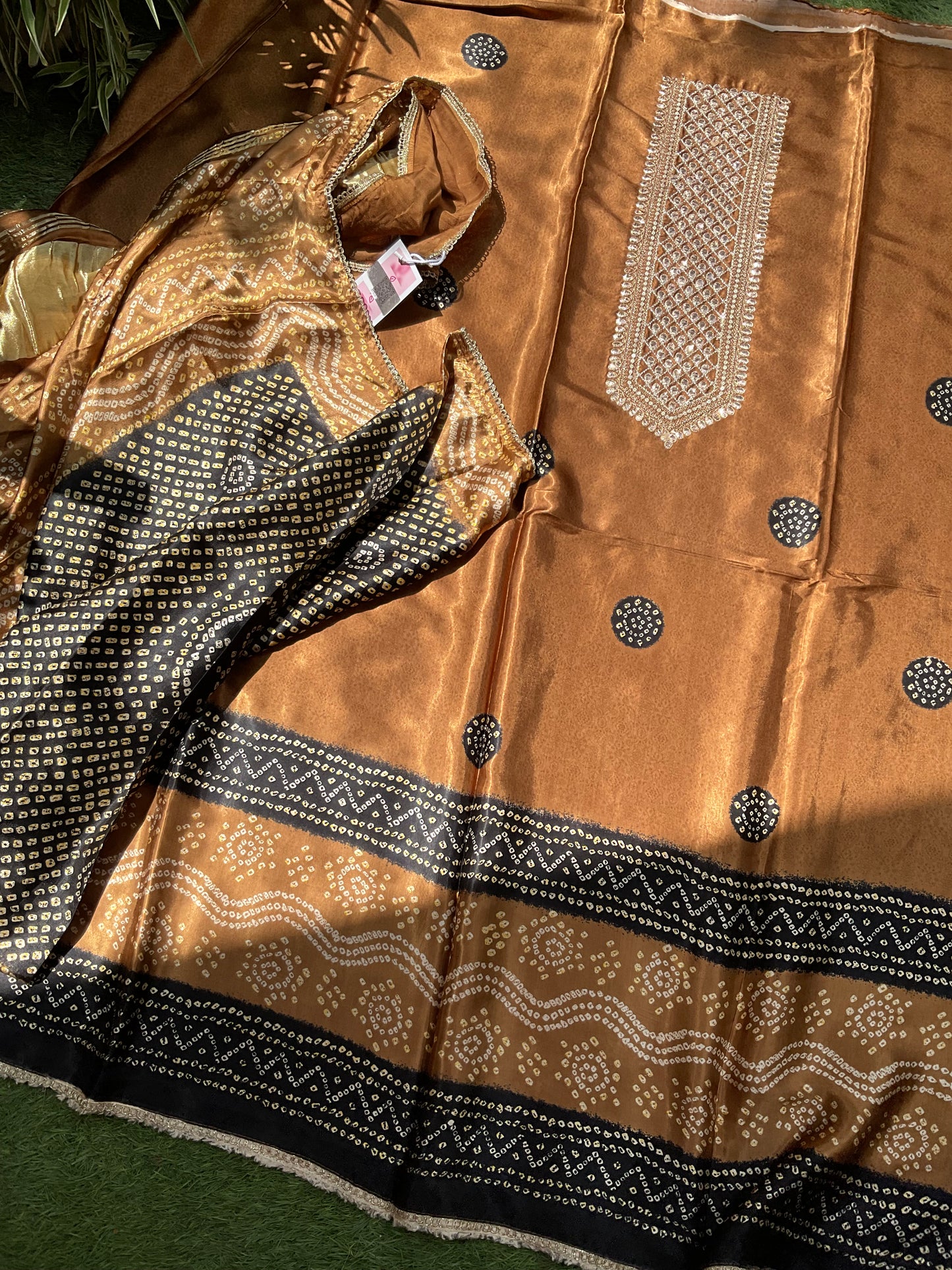 Modal Satin Suit Set with Ajrak Print & Gotta Work Neckline with Coordinated Dupatta (Set of 3) (Semi-Stitched)