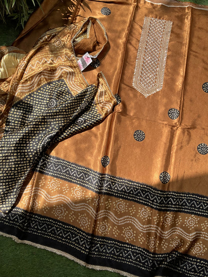 Modal Satin Suit Set with Ajrak Print & Gotta Work Neckline with Coordinated Dupatta (Set of 3) (Semi-Stitched)