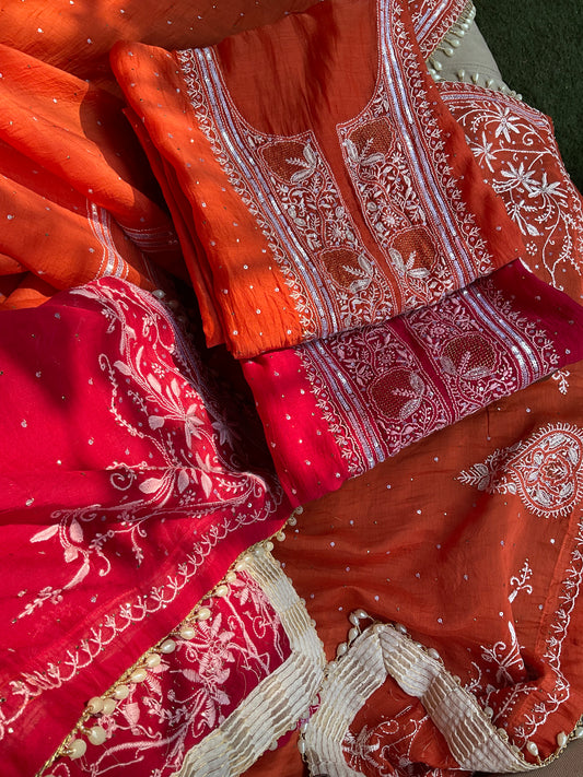 Soft Mulmul Kurta Set with Chikankari & Mukesh Work with Handcrafted Dupatta (Set of 3) (Stitched)