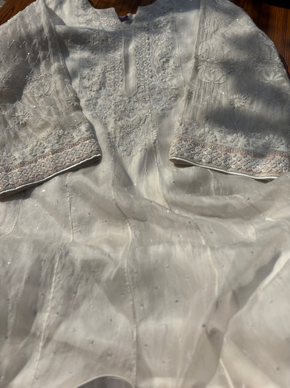 L'Ivoire Éthéré : Ensemble Anarkali en Organza Brodé Main