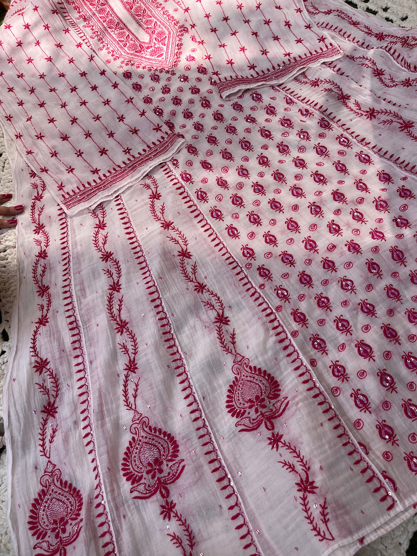 Ivory Chikankari Anarkali Set with Sequins Work & Front-Back Embroidery Detailing (Set of 3) (Stitched)