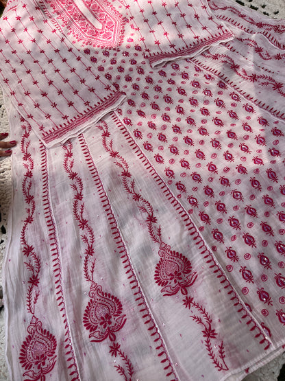 Ivory Chikankari Anarkali Set with Sequins Work & Front-Back Embroidery Detailing (Set of 3) (Stitched)