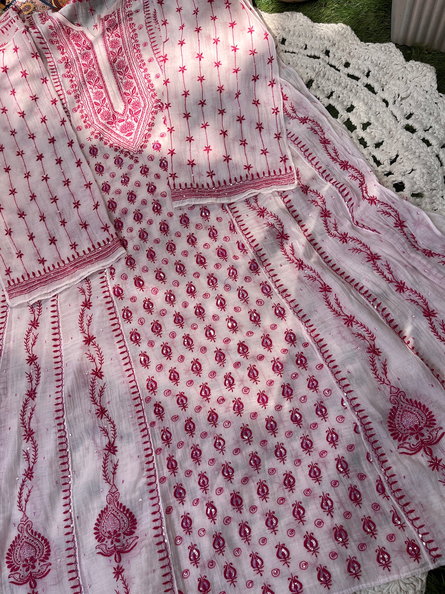 Ivory Chikankari Anarkali Set with Sequins Work & Front-Back Embroidery Detailing (Set of 3) (Stitched)