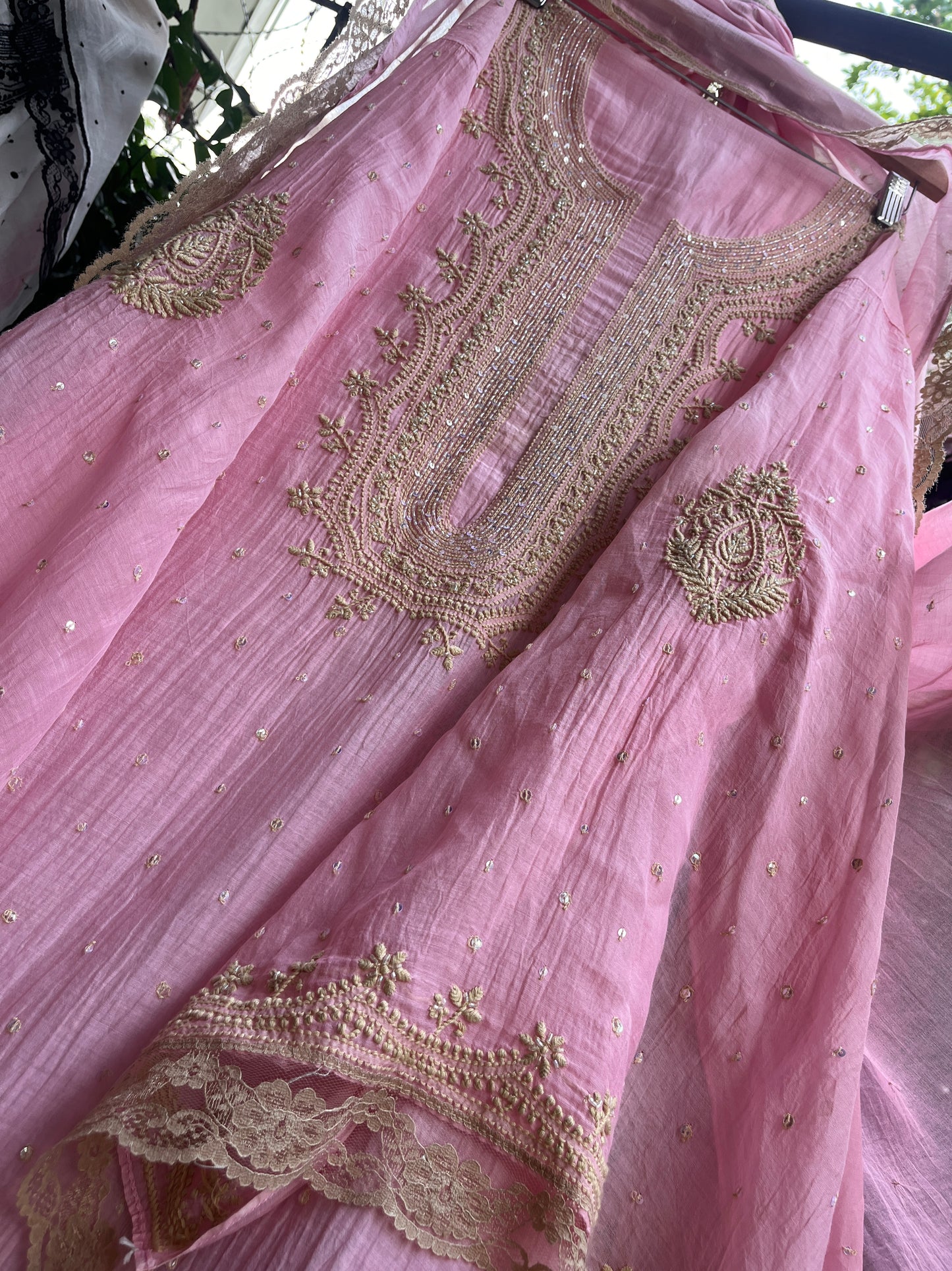 Pure Mulmul Kurta Set with Color Thread & Sequin Work with Lace Border Detailing (Set of 3) (Unstitched)