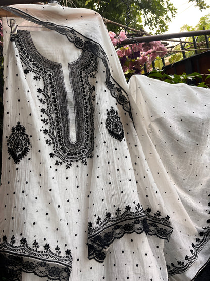 Pure Mulmul Kurta Set with Color Thread & Sequin Work with Lace Border Detailing (Set of 3) (Unstitched)