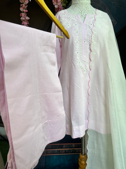 Pink Short Kurta Set with delicate thread and mirror work