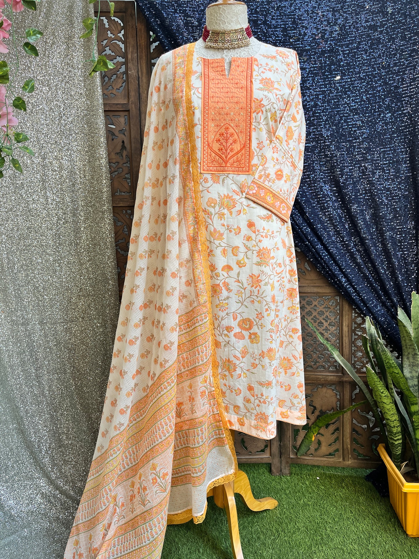 Orange floral printed kurta set