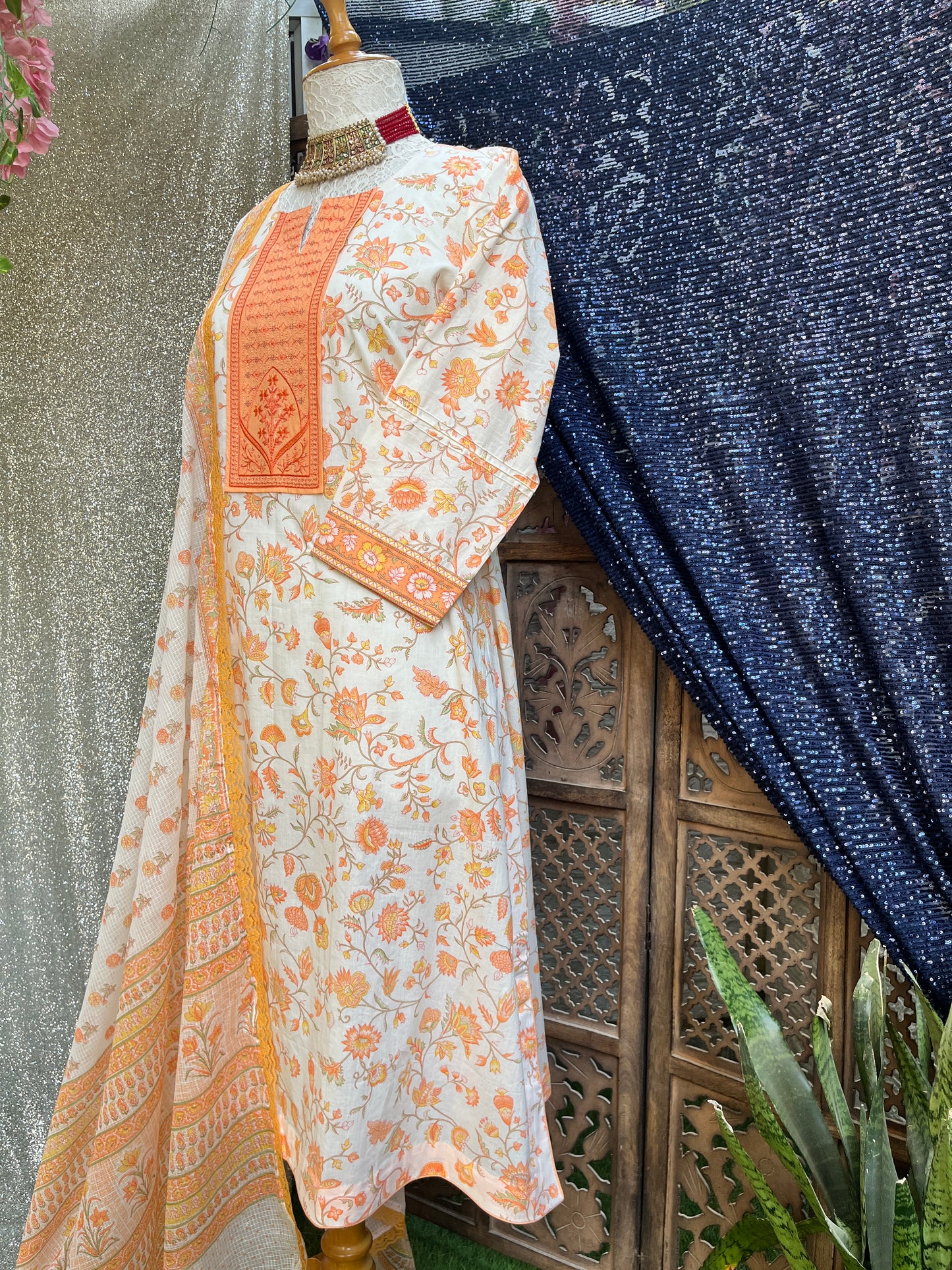 Orange floral printed kurta set