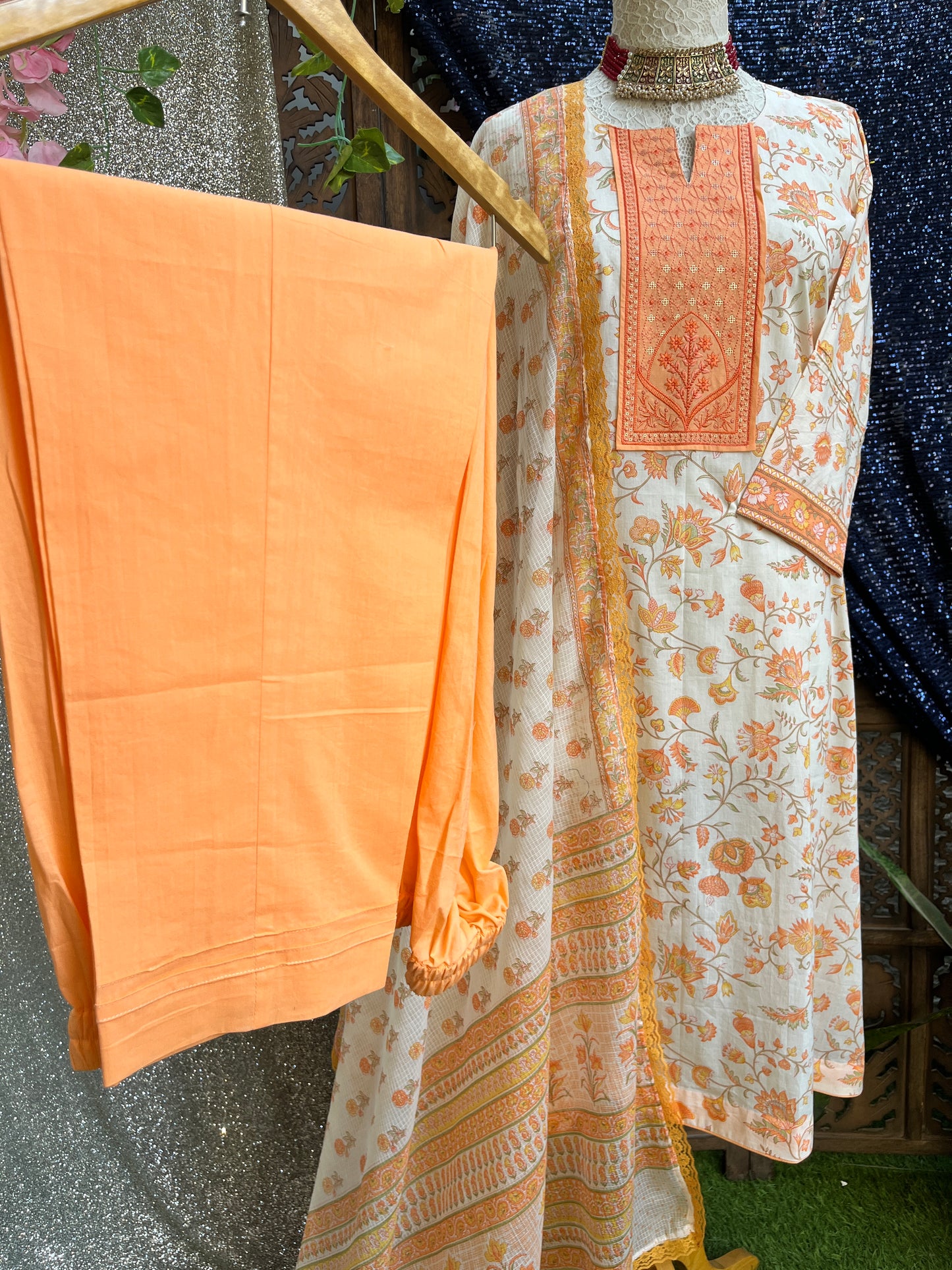 Orange floral printed kurta set