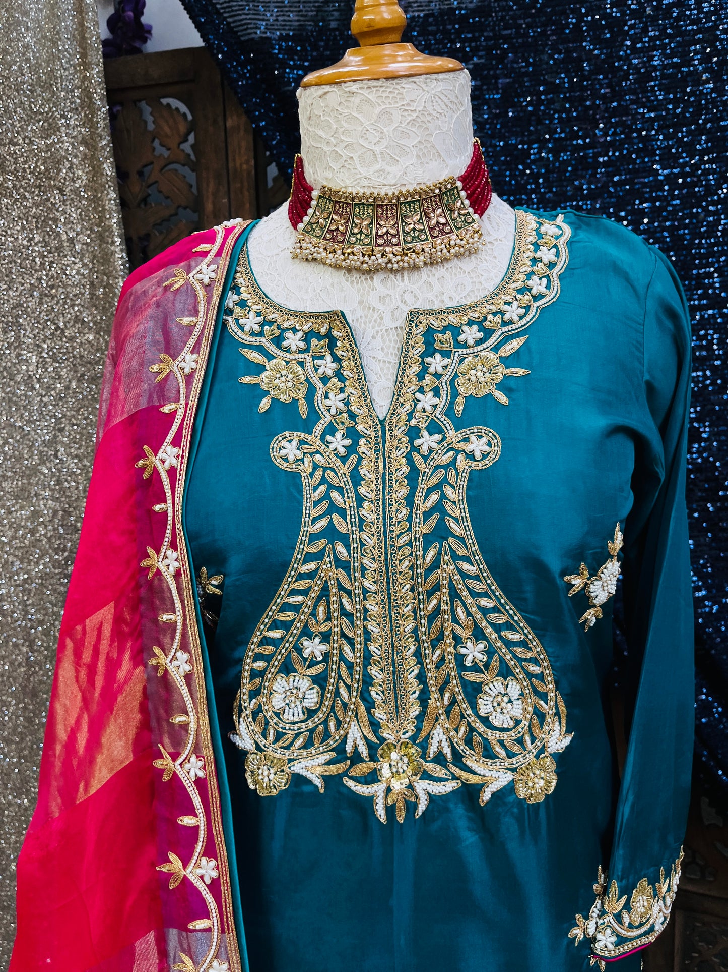 Turquoise and rani pink kurta set