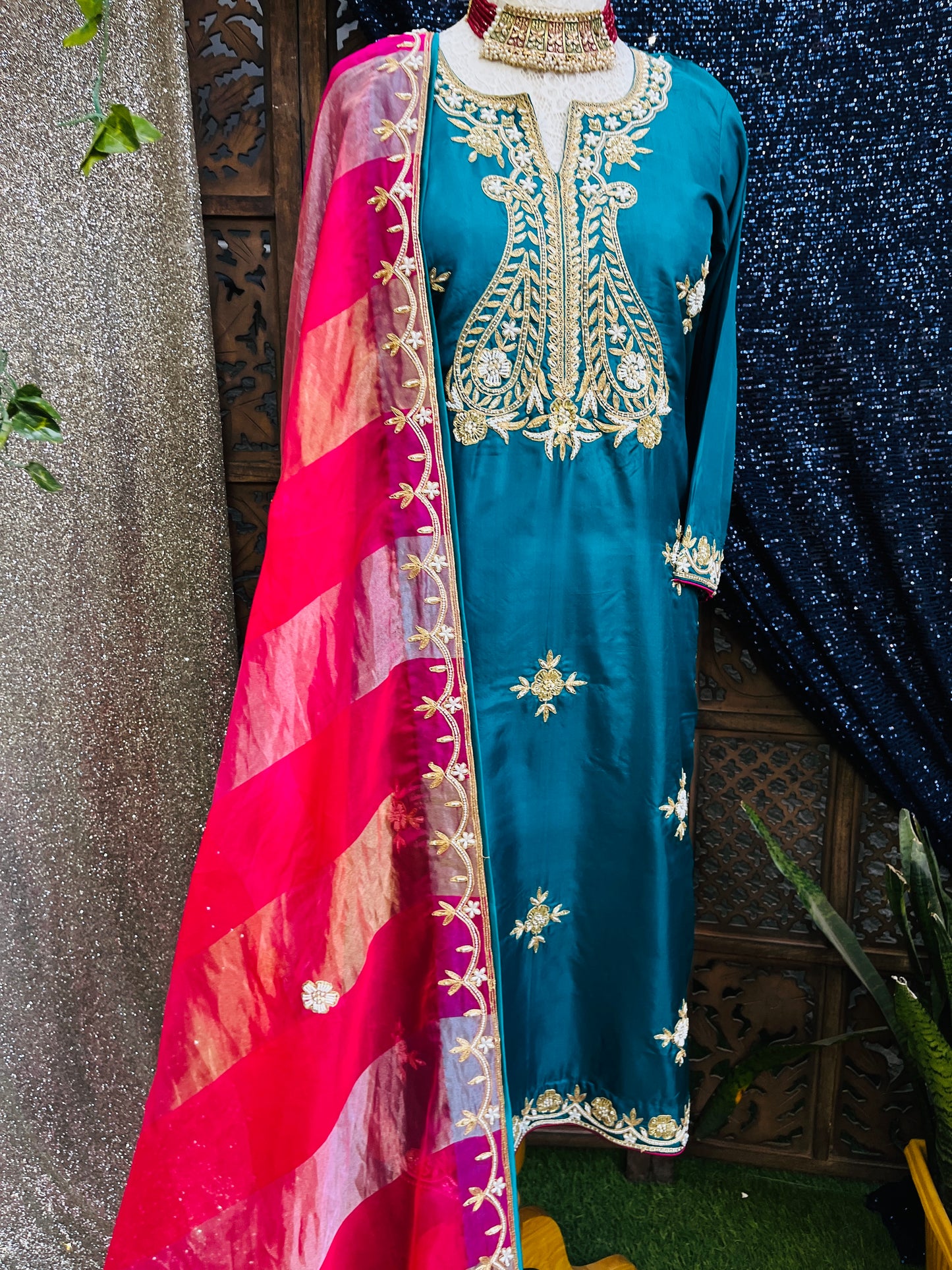 Turquoise and rani pink kurta set