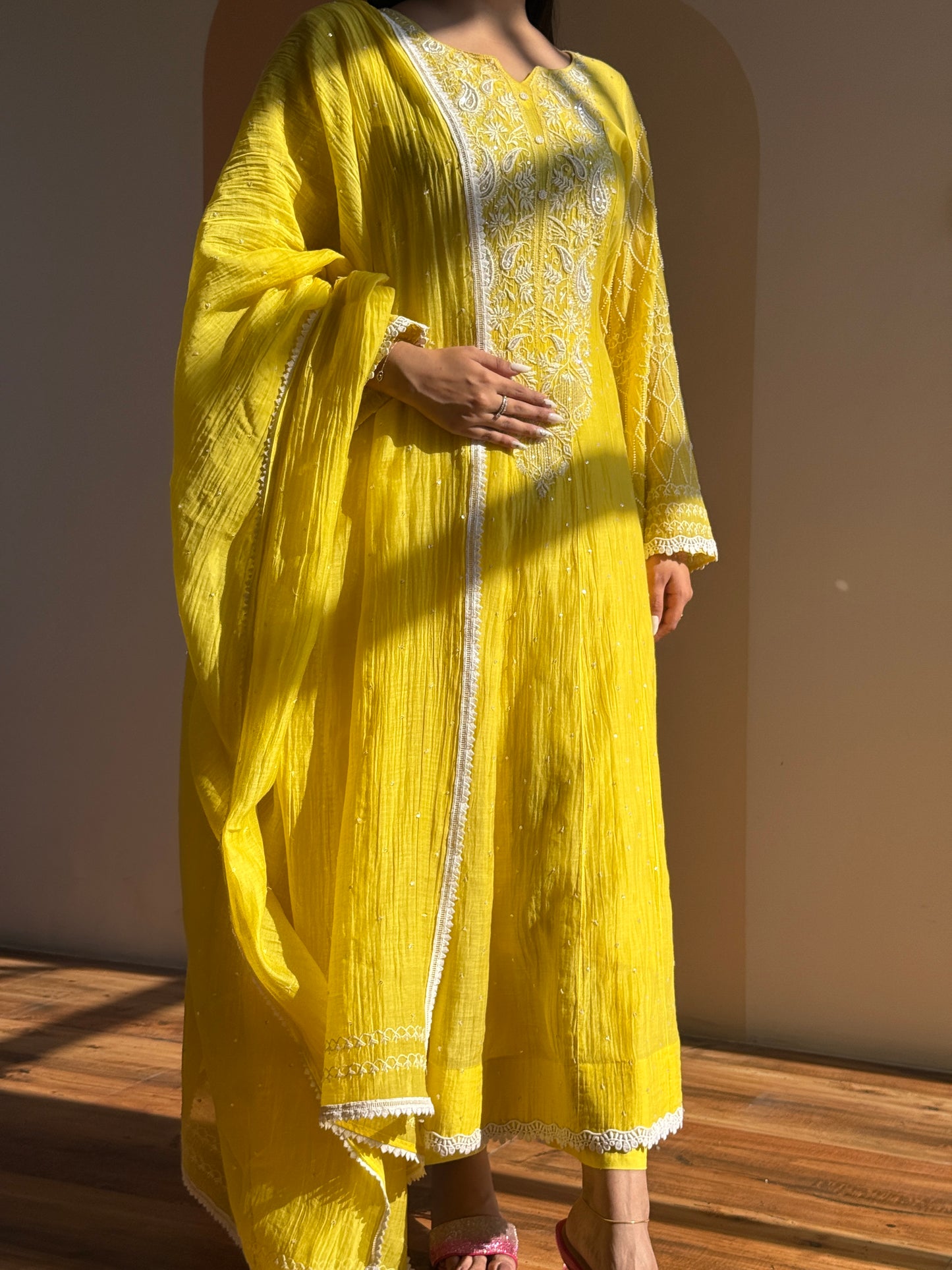 Sunshine Yellow Pearl-Embroidered Anarkali Set