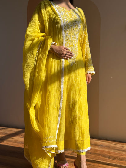 Sunshine Yellow Pearl-Embroidered Anarkali Set