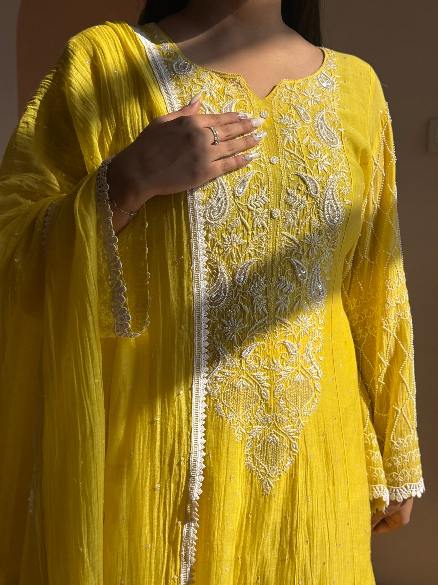 Sunshine Yellow Pearl-Embroidered Anarkali Set
