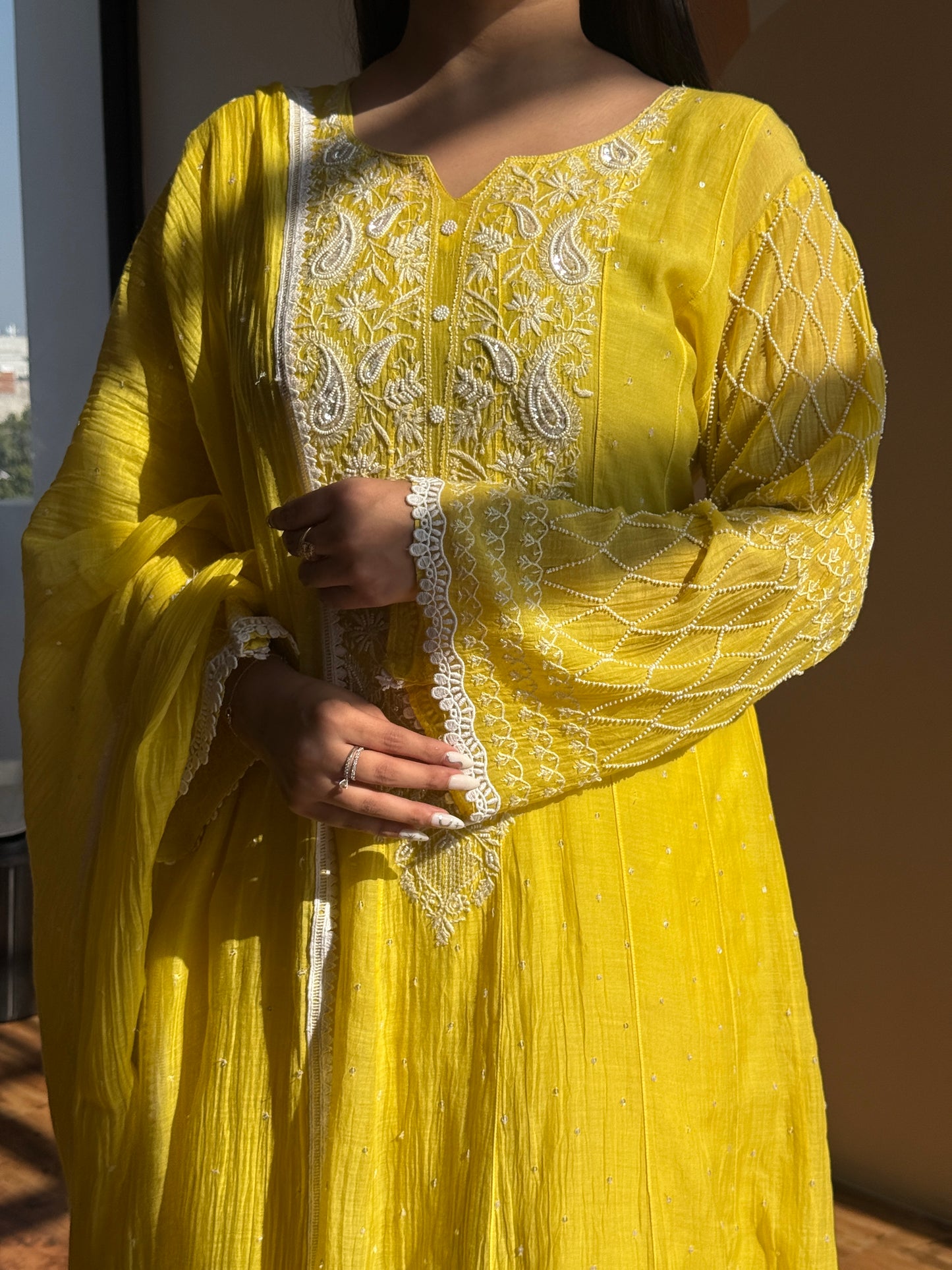 Sunshine Yellow Pearl-Embroidered Anarkali Set