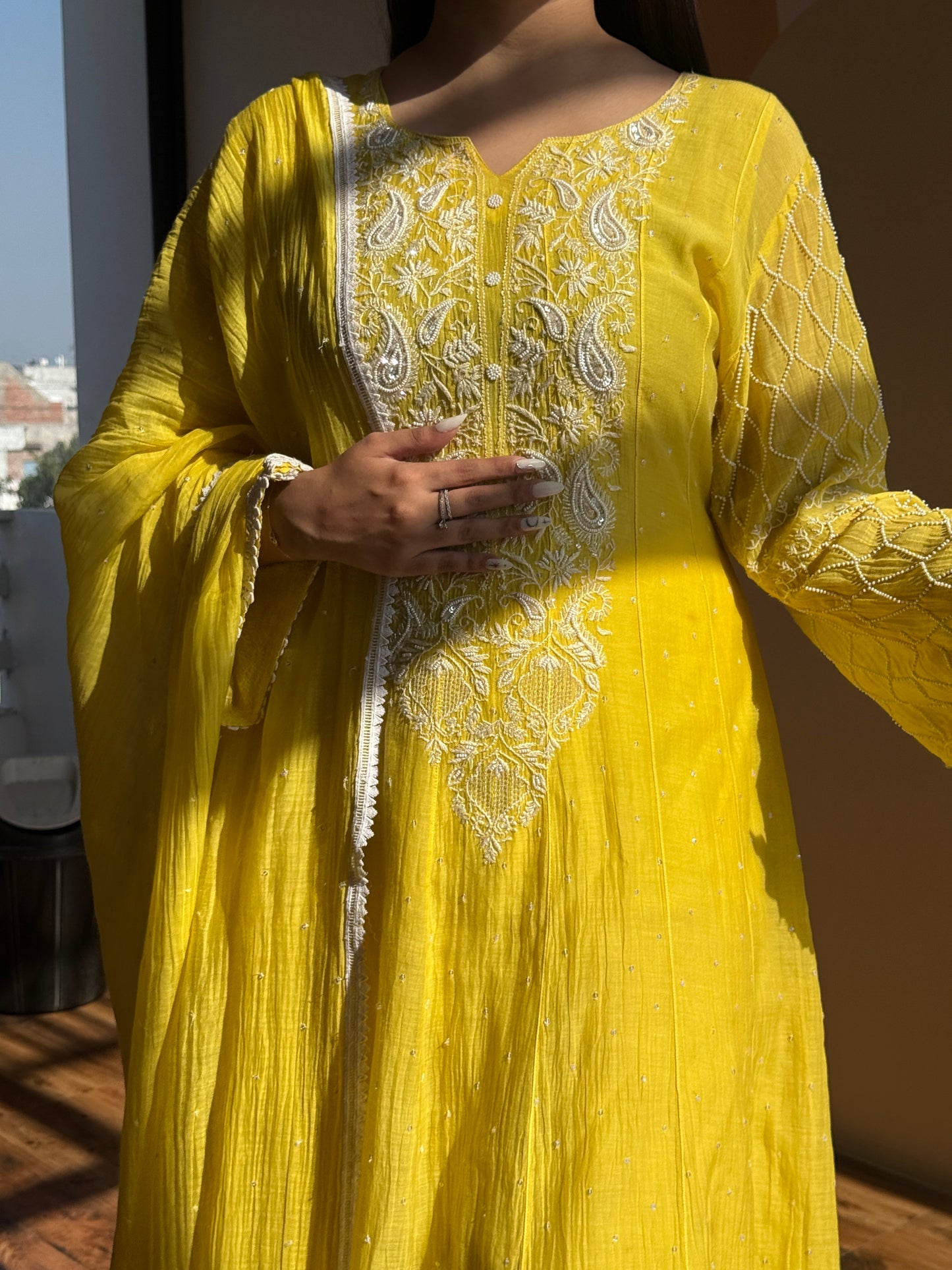 Sunshine Yellow Pearl-Embroidered Anarkali Set