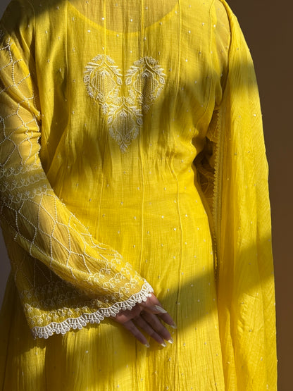 Sunshine Yellow Pearl-Embroidered Anarkali Set