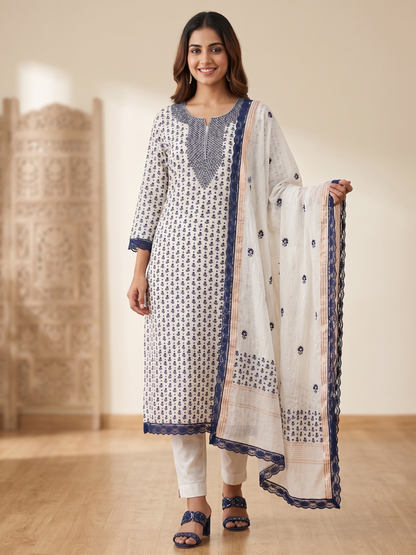 Pure Mulmul Kurta Set with Handcrafted Chikankari & Mirror Work with Embroidered Dupatta (Set of 3) (Semi-stitched)