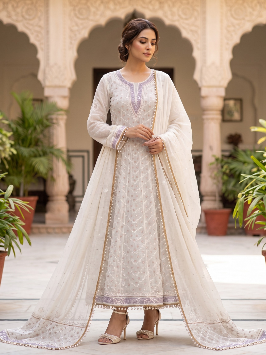 Pure Mulmul Anarkali Suit Set with Chikankari & Aari-Sequin Work with Embroidered Dupatta (Set of 3) (Semi-stitched)