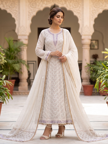 Pure Mulmul Anarkali Suit Set with Chikankari & Aari-Sequin Work with Embroidered Dupatta (Set of 3) (Semi-stitched)