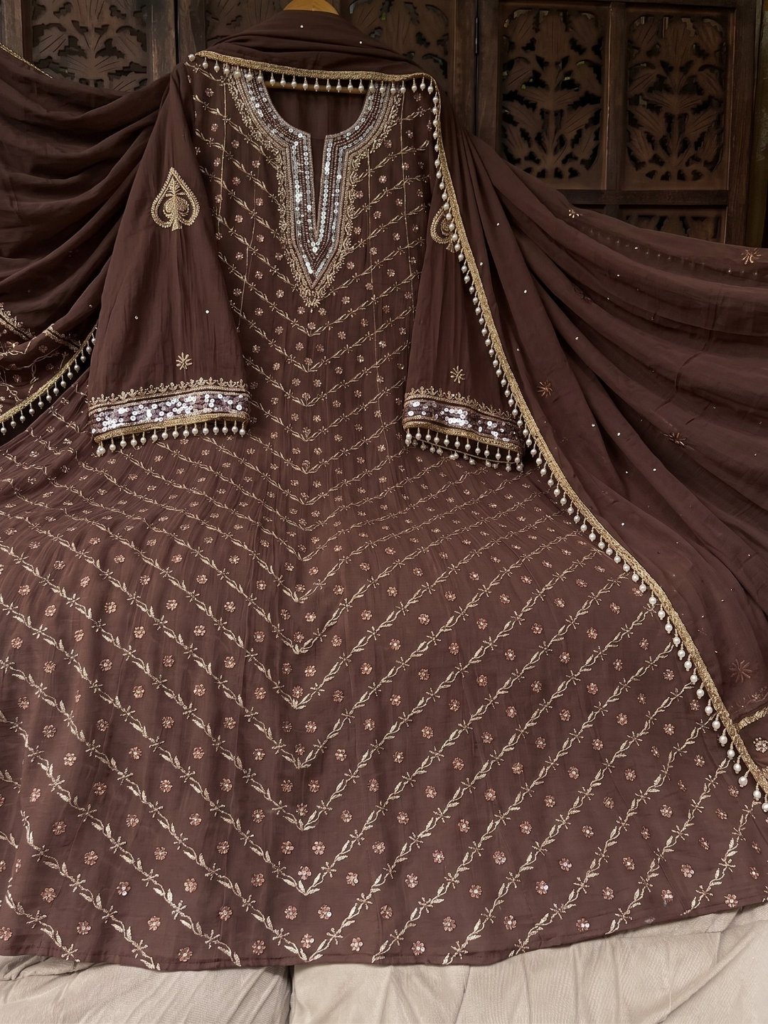 Pure Mulmul Anarkali Suit Set with Chikankari & Aari-Sequin Work with Embroidered Dupatta (Set of 3) (Semi-stitched)