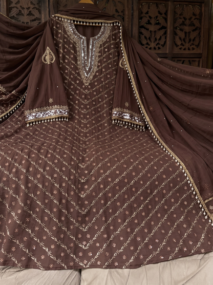 Pure Mulmul Anarkali Suit Set with Chikankari & Aari-Sequin Work with Embroidered Dupatta (Set of 3) (Semi-stitched)
