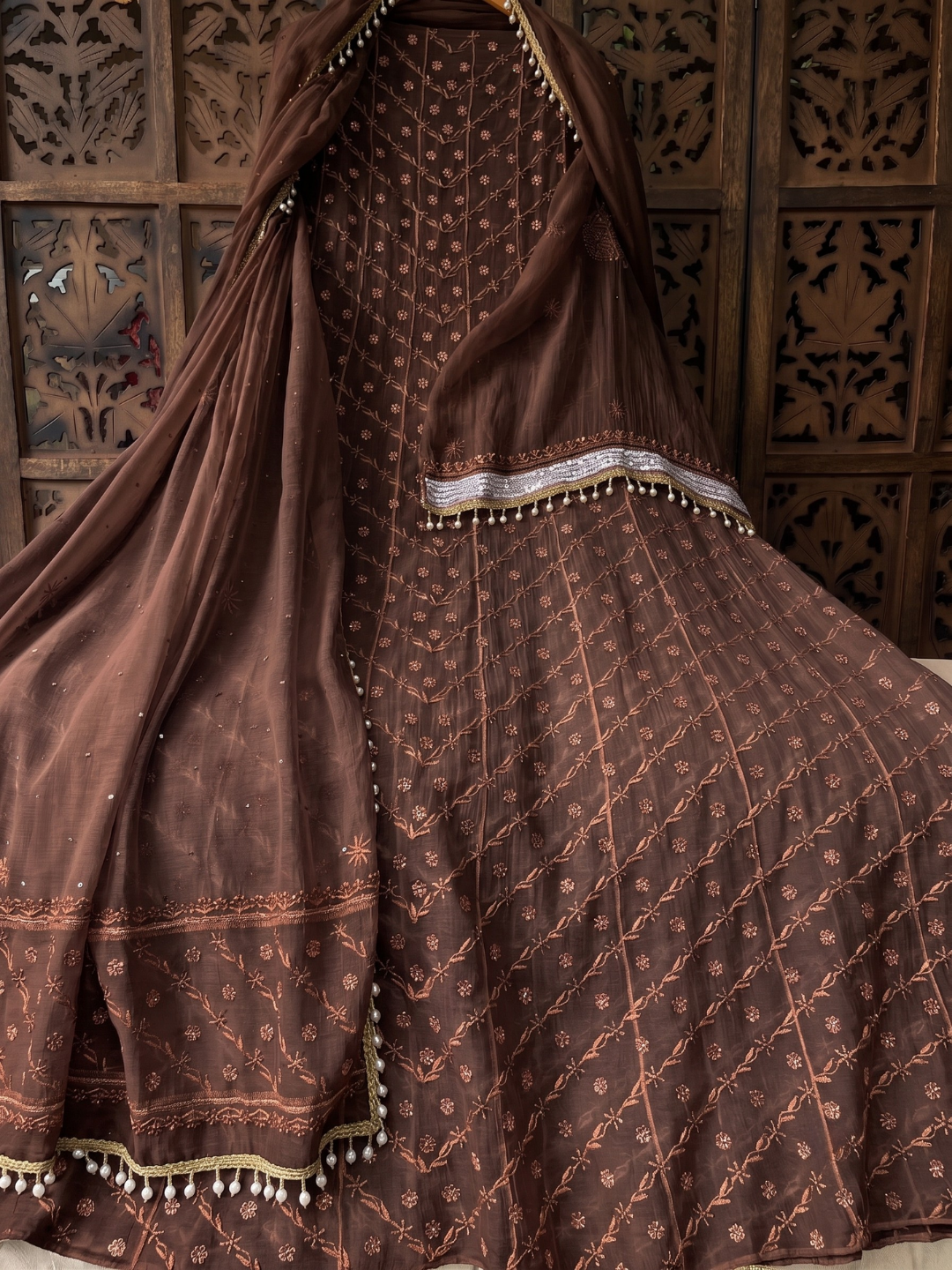 Pure Mulmul Anarkali Suit Set with Chikankari & Aari-Sequin Work with Embroidered Dupatta (Set of 3) (Semi-stitched)