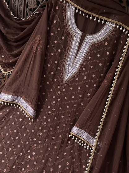 Pure Mulmul Anarkali Suit Set with Chikankari & Aari-Sequin Work with Embroidered Dupatta (Set of 3) (Semi-stitched)