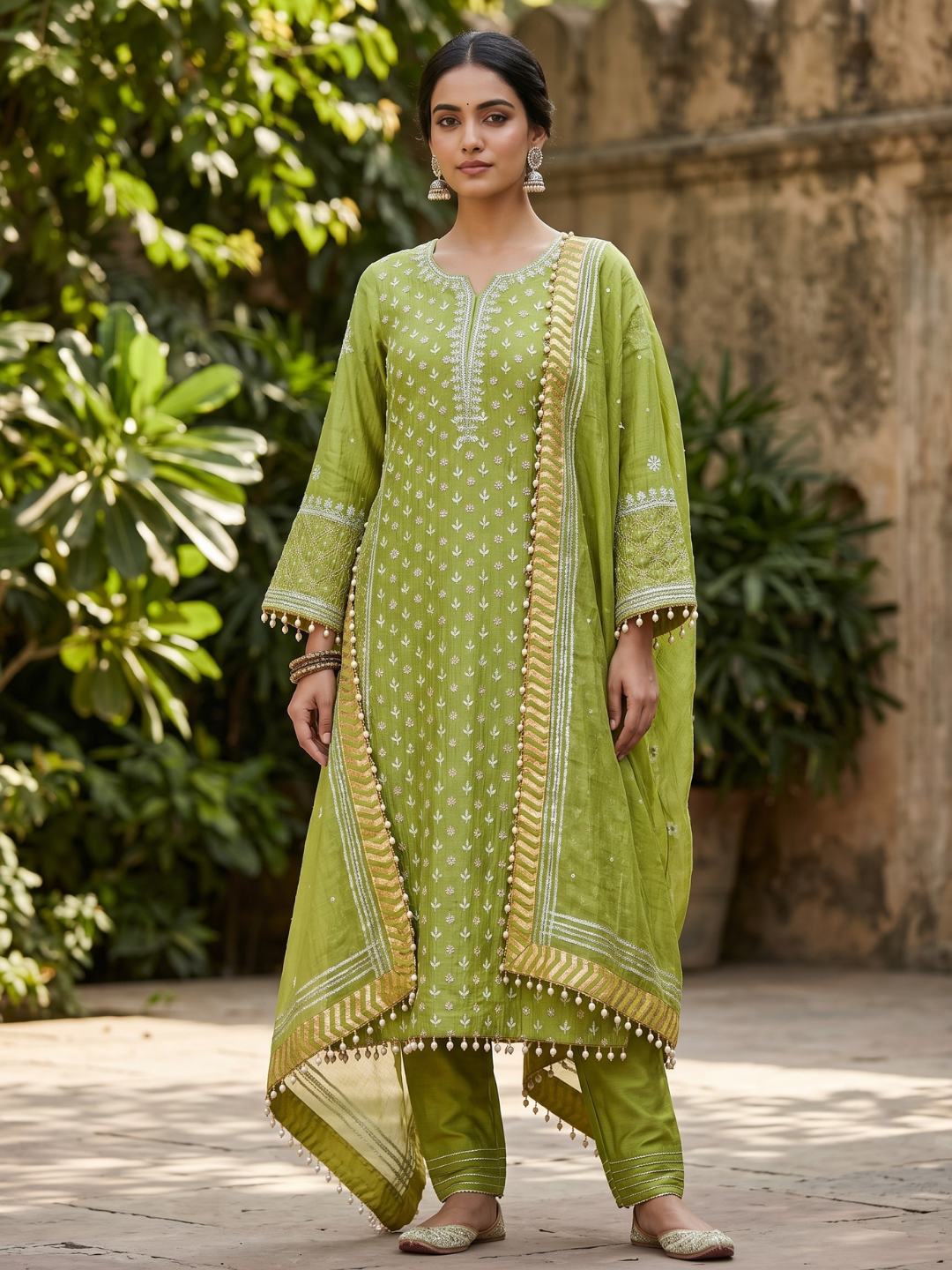 Pure Mulmul Suit Set with Handcrafted Embellishments & Tassel Lace Detailing with Embellished Dupatta (Set of 3) (Semi-stitched)