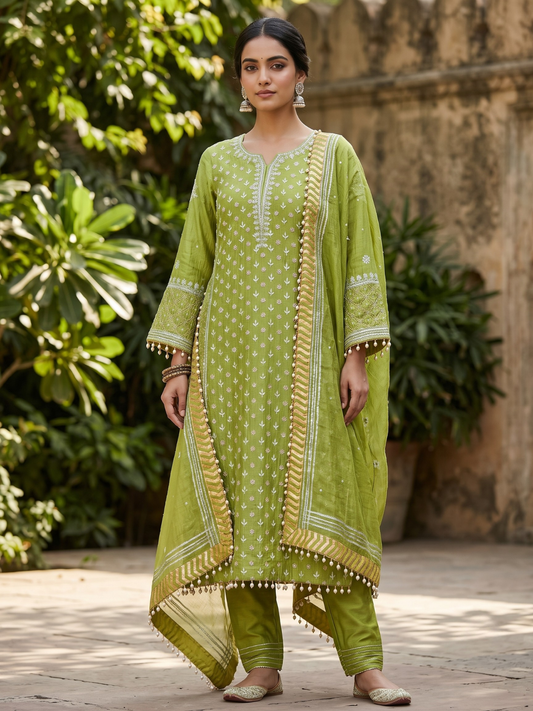 Pure Mulmul Suit Set with Handcrafted Embellishments & Tassel Lace Detailing with Embellished Dupatta (Set of 3) (Semi-stitched)