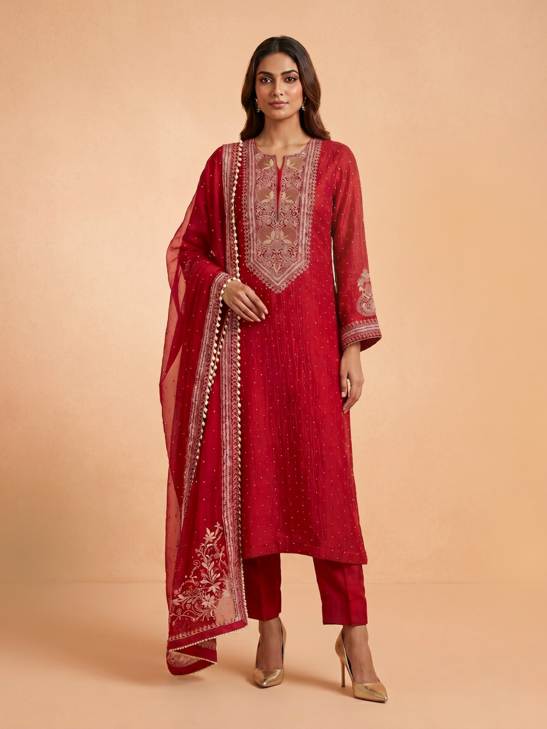 Pure Mulmul Kurta Set with Superfine Ektaar Chikankari & Mukaish Work with Heavy Aari Embroidery Dupatta (Set of 3) (Unstitched)